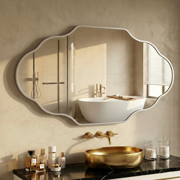 Fahomiss 24"x36" Scalloped Wall Mirror, Silver Modern Bathroom Vanity Decor