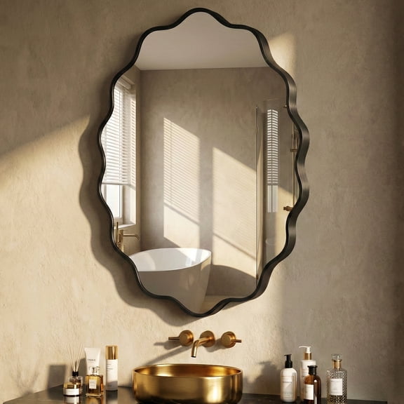 Fahomiss 24"x36" Wavy Oval Wall Mirror, Black Solid Aluminum Bathroom Vanity, Rust-Proof