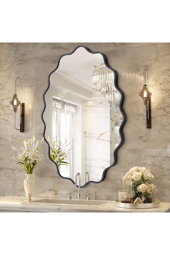 24"x36" Wavy Oval Wall Mirror, Black Vanity Mirrors for Bathroom
