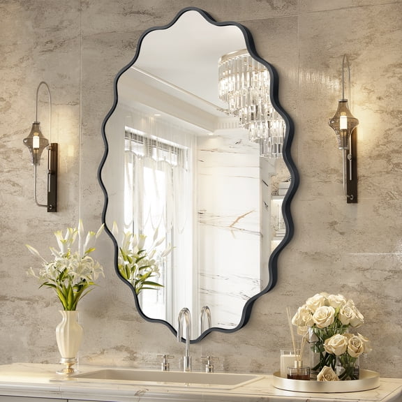 Fahomiss 24"x36" Wavy Oval Wall Mirror, Black Vanity Mirrors for Bathroom