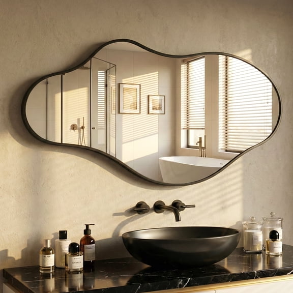 Fahomiss 24"x43" Irregular Wall Mirror, Black Asymmetrical Teardrop Bathroom Mirror for Vanity