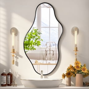 Fahomiss 24"x43" Irregular Wall Mirror, Black Asymmetrical Teardrop Bathroom Mirror for Vanity