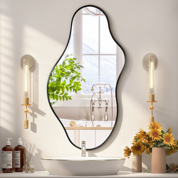 Fahomiss 24"x43" Irregular Wall Mirror, Black Asymmetrical Teardrop Bathroom Mirror for Vanity