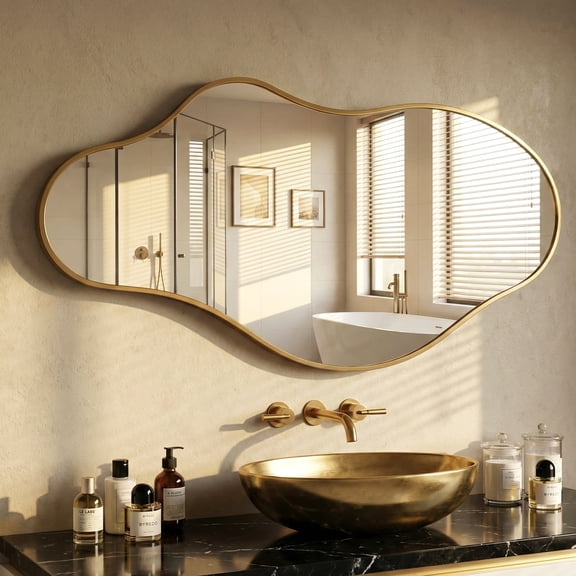 Fahomiss 24"x43" Asymmetrical Wall Mirror, Gold Irregular Drop Vanity, Solid Aluminum