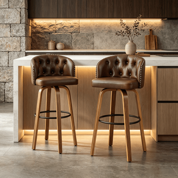 Fahomiss 26" Swivel Bar Stools Set of 2, Modern Counter Height Faux Leather Bar Stools Chairs, Upholstered Bar and Kitchen Stools with Wood Legs & Soft Back, Brown
