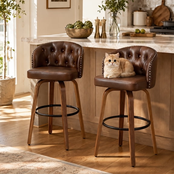 Fahomiss 26" Swivel Bar Stools Set of 2, Modern Counter Height Faux Leather Bar Stools Chairs, Upholstered Bar and Kitchen Stools with Wood Legs & Soft Back, Brown