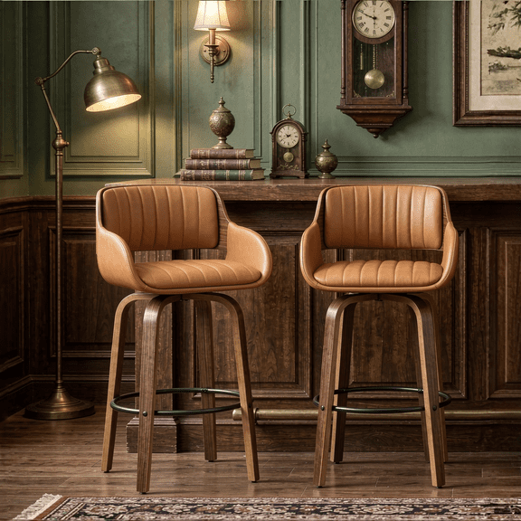 Fahomiss 26" Swivel Counter Height Bar Stools Set of 2 - Modern Kitchen Counter Stools with Back and Wooden Legs, Upholstered PU Leather Barstools Chairs W/ Adjustable Foot Pads, Brown