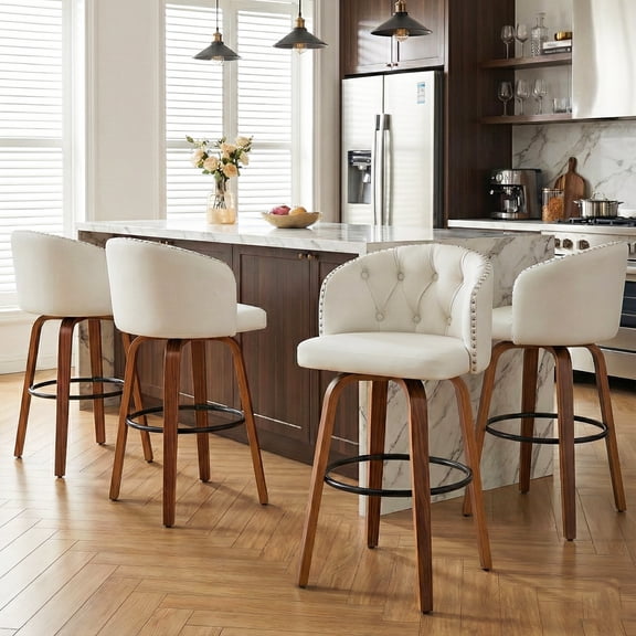 Fahomiss 26" Swivel Counter Height Bar Stools Set of 4, White Leather Farmhouse Kitchen Stools