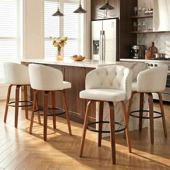 Fahomiss 26" Swivel Counter Height Bar Stools Set of 4, White Leather Farmhouse Kitchen Stools