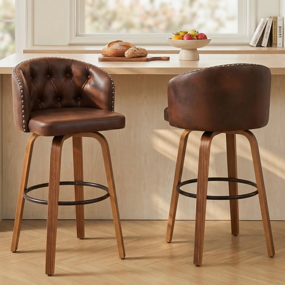 Fahomiss 26" Swivel Counter Height Bar Stools with Back Set of 2, Brown Leather Kitchen Stools