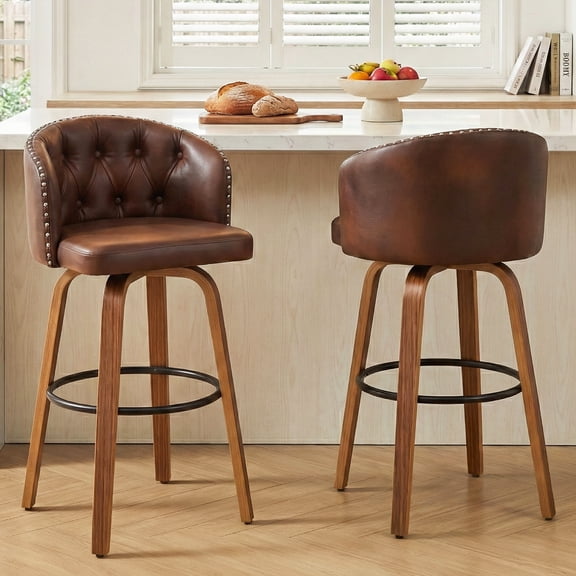 Fahomiss 26" Swivel Counter Height Bar Stools with Back Set of 2, Brown Leather Kitchen Stools