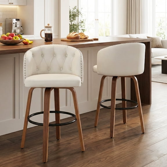 Fahomiss 26" Swivel Counter Height Bar Stools with Back Set of 2, White Leather Kitchen Stools