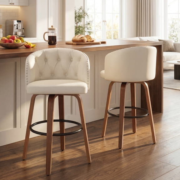 Fahomiss 26" Swivel Counter Height Bar Stools with Back Set of 2, White Leather Kitchen Stools