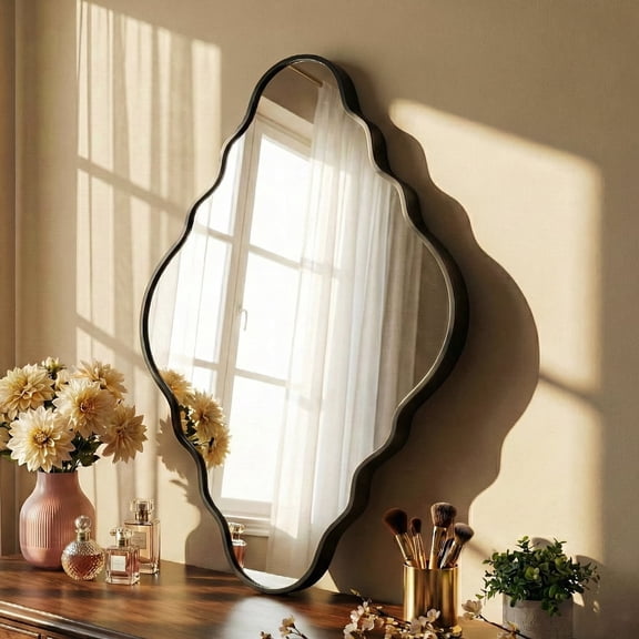 Fahomiss 26"x42" Black Scalloped Wall Mirror, Vintage Diamond Bathroom Mirror for Vanity