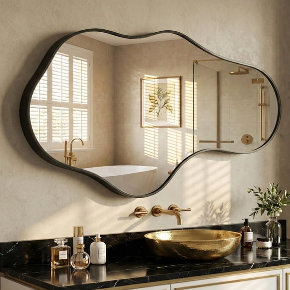 Fahomiss 26"x43" Irregular Wall Mirror, Black Asymmetrical Organic Bathroom Mirror for Vanity