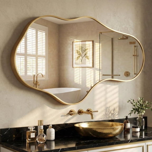 Fahomiss 26"x43" Wall Mirror Irregular, Gold Asymmetrical Organic Vanity Mirror for Bathroom