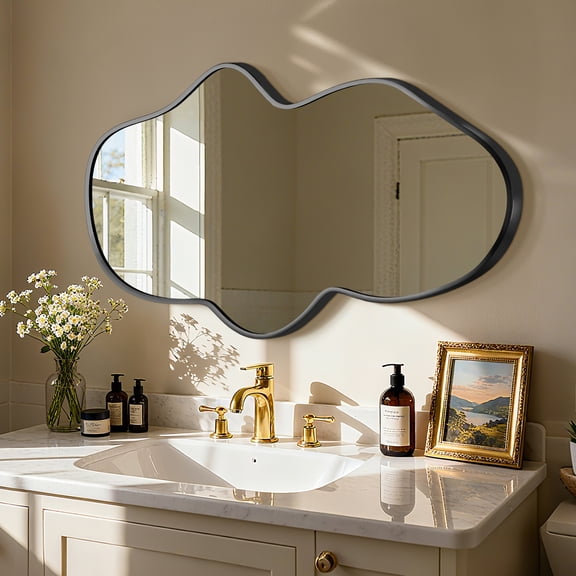 Fahomiss 26"x43" Irregular Wall Mirror, Black Fluid Asymmetrical Mirror for Bathroom Vanity