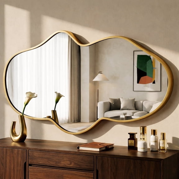 Fahomiss 26"x43" Wall Mirror Irregular, Fluid Shaped Gold Asymmetrical Mirror for Bathroom Vanity