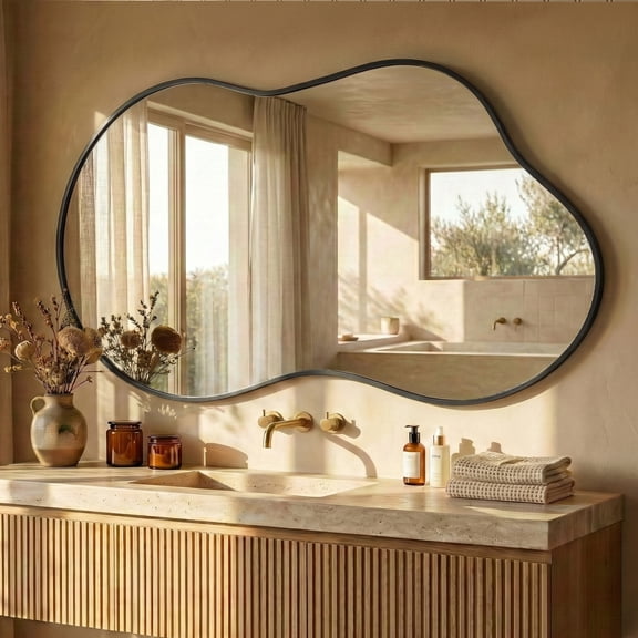 Fahomiss 26"x46" Irregular Wall Mirror, Cloud Shaped Black Asymmetrical Bathroom Vanity