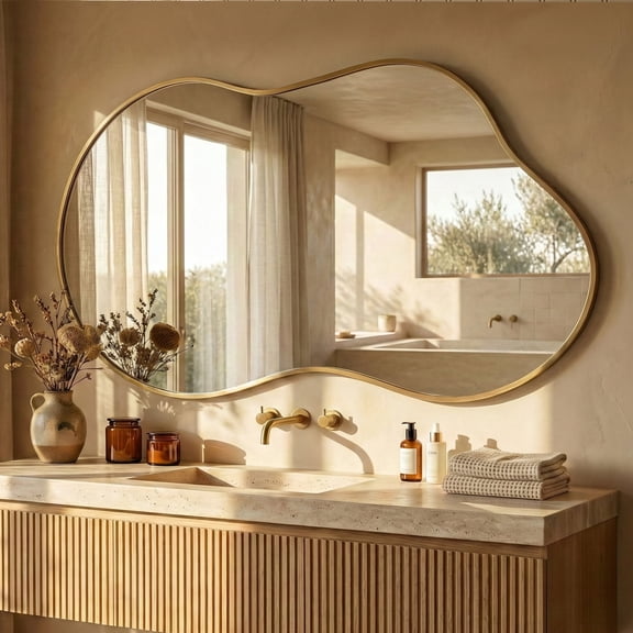 Fahomiss 26"x46" Irregular Wall Mirror, Cloud Shaped Gold Asymmetrical Bathroom Vanity
