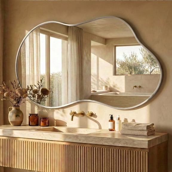 Fahomiss 26"x46" Irregular Wall Mirror, Cloud Shaped Silver Asymmetrical Bathroom Vanity