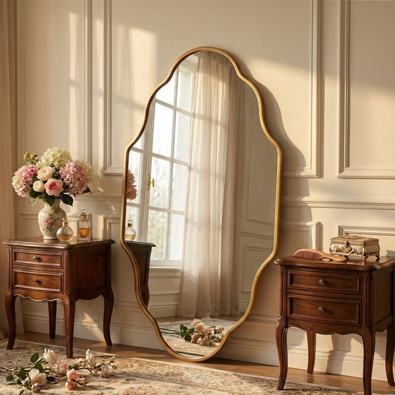 Fahomiss 26"x46" Scalloped Wall Mirror, Gold Antique Bathroom Vanity Decor