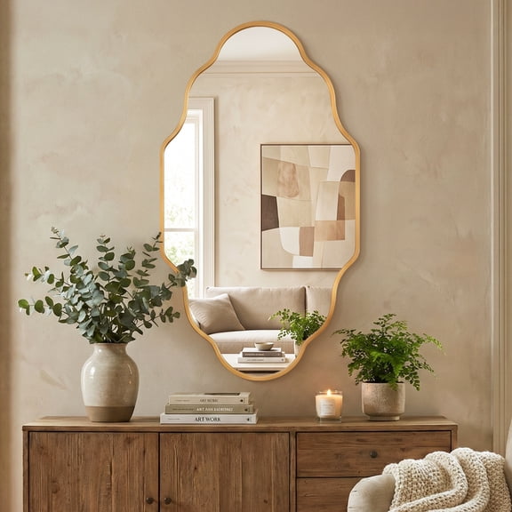 Fahomiss 26"x46" Scalloped Bathroom Wall Mirror, Decorative Wall‑Mounted Mirrors for Vanity Bedroom Living Room Decor,Gold Frame