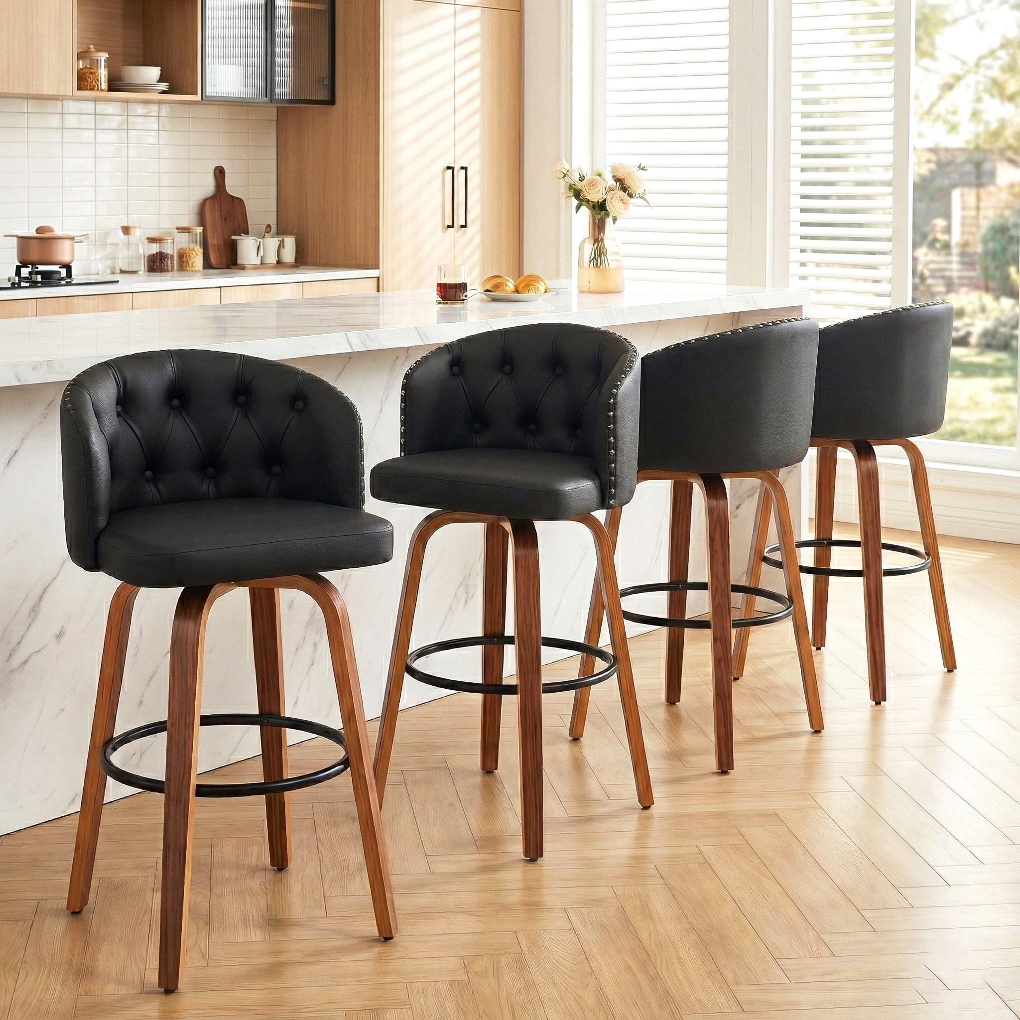 Fahomiss 28" Swivel Bar Stools with Back Set of 4, Leather Farmhouse Bar Height Stools, Black
