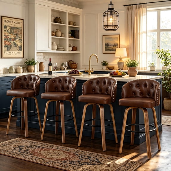Fahomiss 28" Swivel Bar Stools with Back Set of 4, Leather Farmhouse Bar Height Stools, Brown
