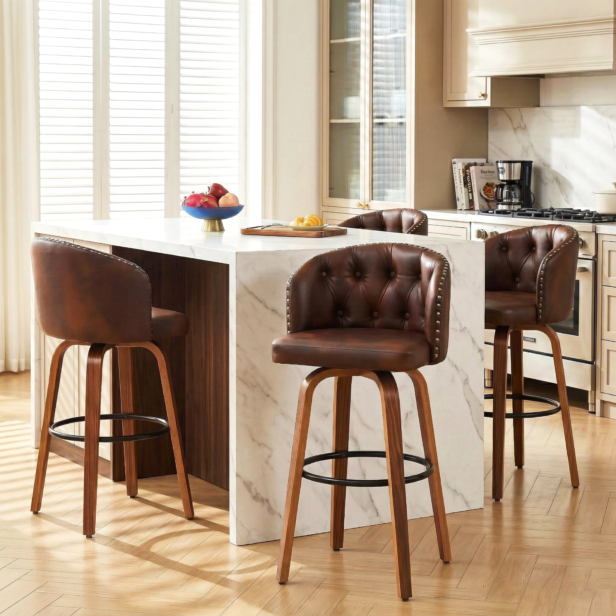 Fahomiss 28" Swivel Bar Stools with Back Set of 4, Leather Farmhouse Bar Height Stools, Brown