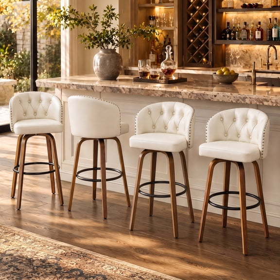Fahomiss 28" Swivel Bar Stools with Back Set of 4, Leather Farmhouse Bar Height Stools, White
