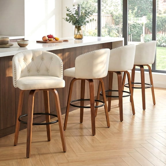 Fahomiss 28" Swivel Bar Stools with Back Set of 4, Leather Farmhouse Bar Height Stools, White