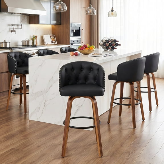 Fahomiss 28" Swivel Bar Height Bar Stools Set of 6, Black Leather Farmhouse Chairs with Back