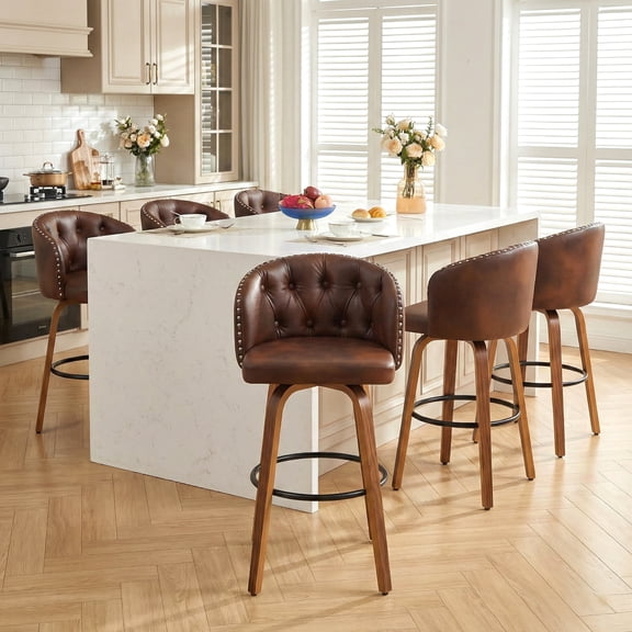 Fahomiss 28" Swivel Bar Height Bar Stools Set of 6, Brown Leather Farmhouse Chairs with Back