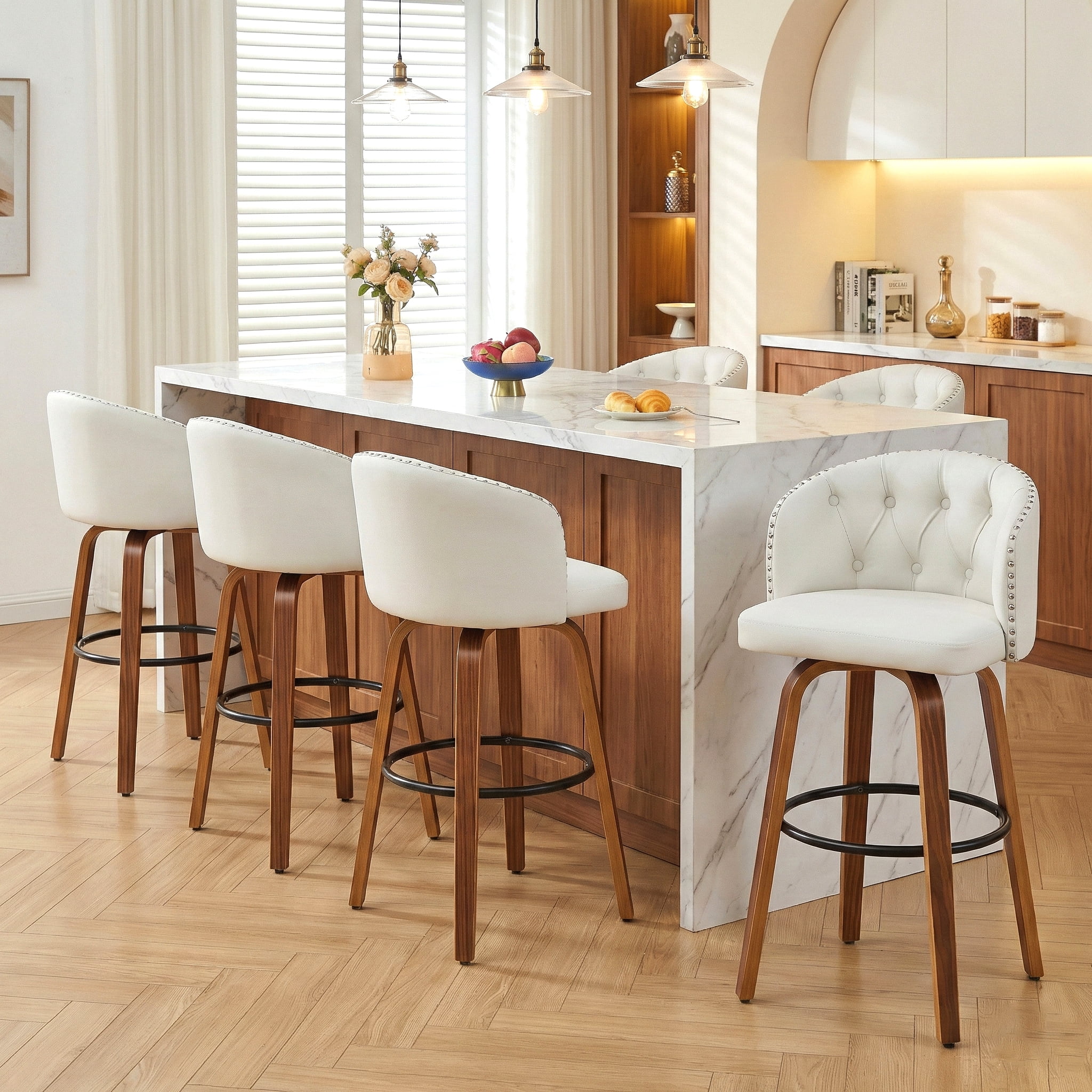 Fahomiss 28" Swivel Bar Stools with Back Set of 6, Leather Farmhouse Bar Height Stools, White