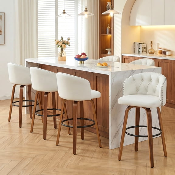 Fahomiss 28" Swivel Bar Height Bar Stools Set of 6, White Leather Farmhouse Chairs with Back