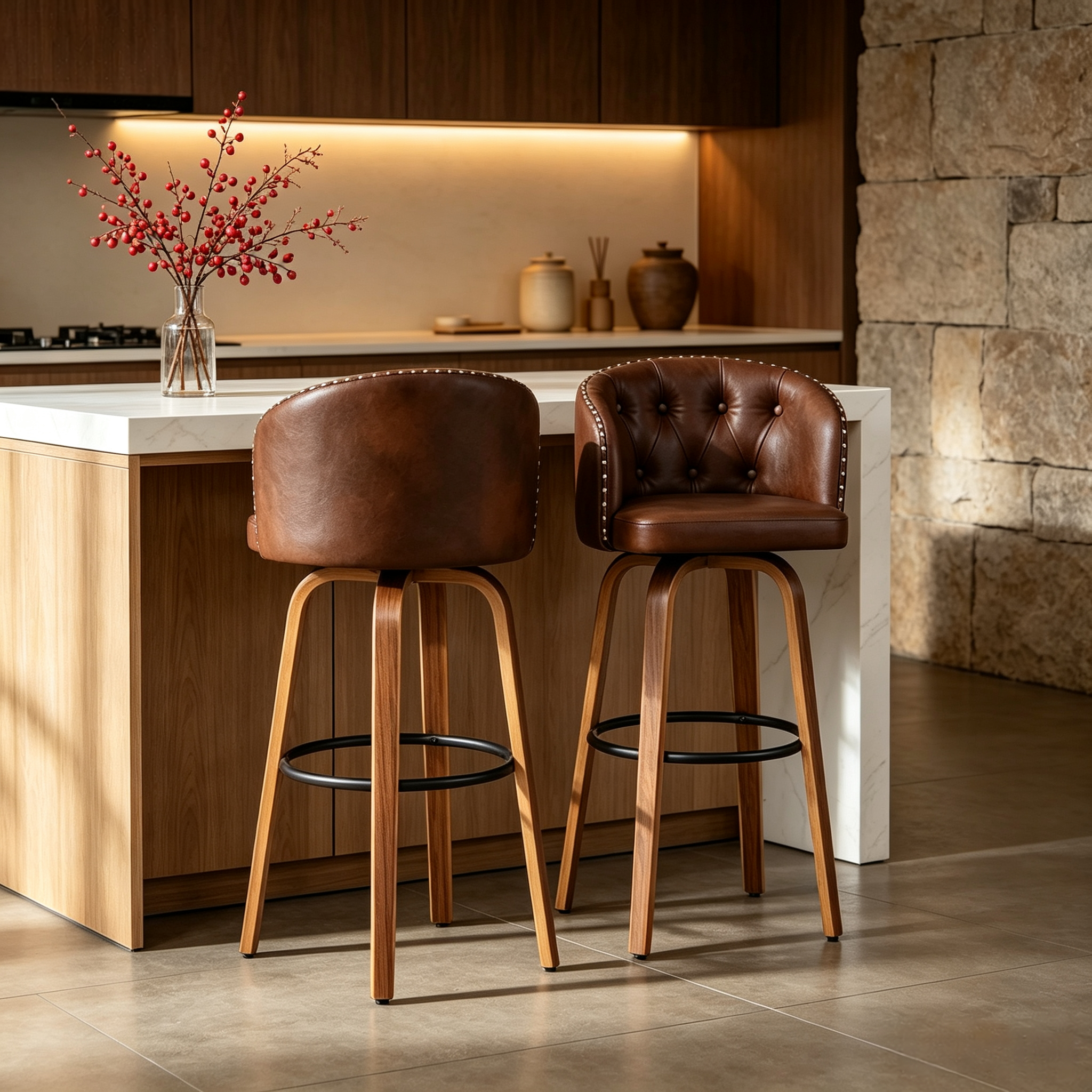 Fahomiss 28" Swivel Bar Stools with Back Set of 2, Leather Farmhouse Bar Height Stools, Brown