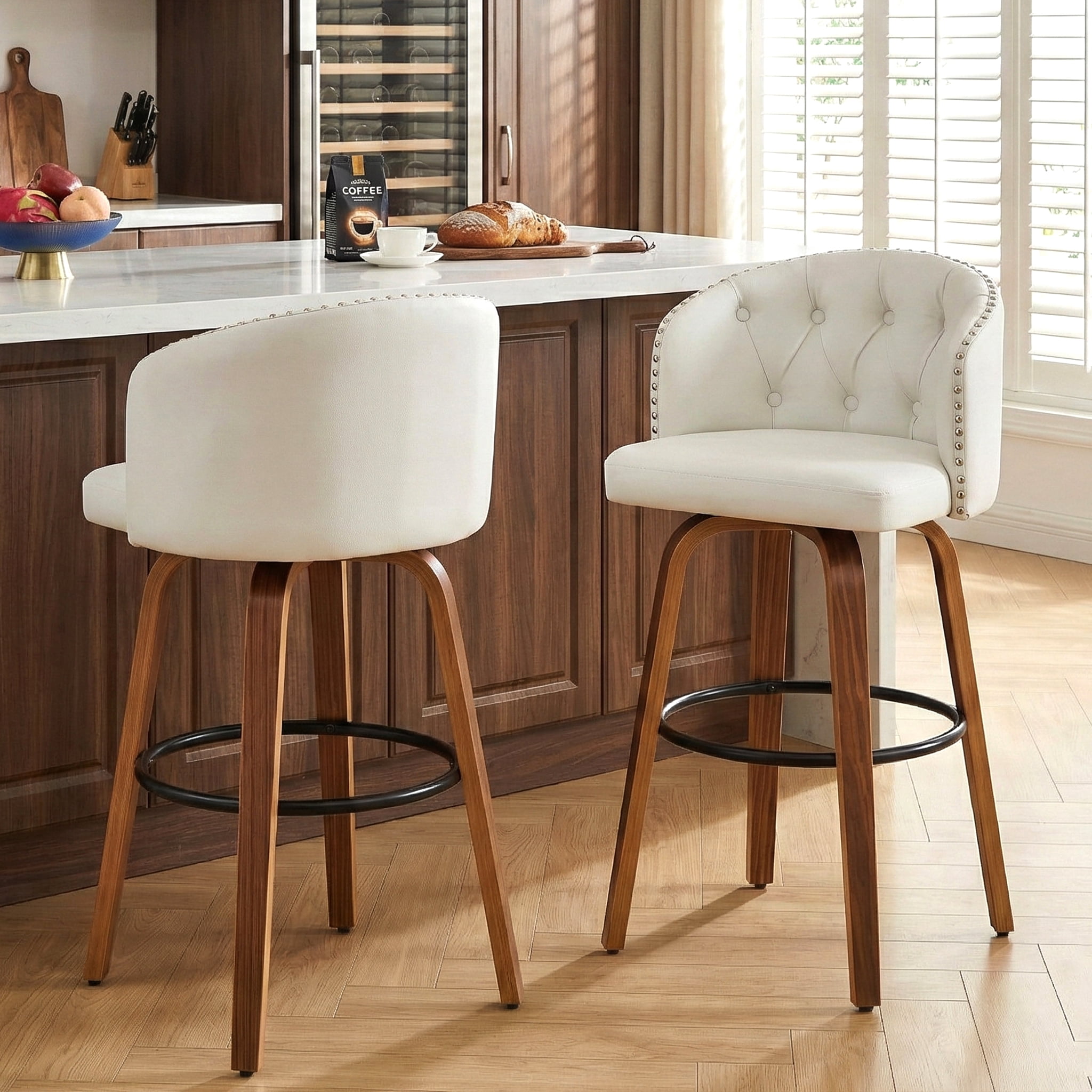 Fahomiss 28" Swivel Bar Stools with Back Set of 2, Leather Farmhouse Bar Height Stools, White