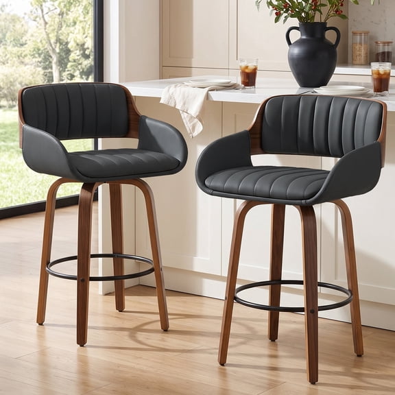 Fahomiss 29" Swivel Bar Height Bar Stools Set of 2 - Modern Kitchen Counter Stools with Back and Wooden Legs, Upholstered PU Leather Barstools Chairs W/ Adjustable Foot Pads, Black