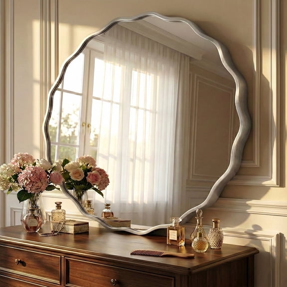 Fahomiss 32" Large Round Mirror, Silver Wall Mirror with Wavy Frame for Bathroom Vanity