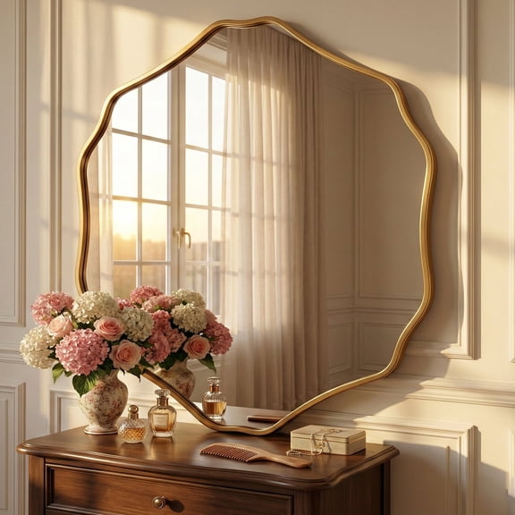 Fahomiss 32"x36" Floral Wall Mirror, Vintage Gold Wall Mirrors for Bathroom Vanity