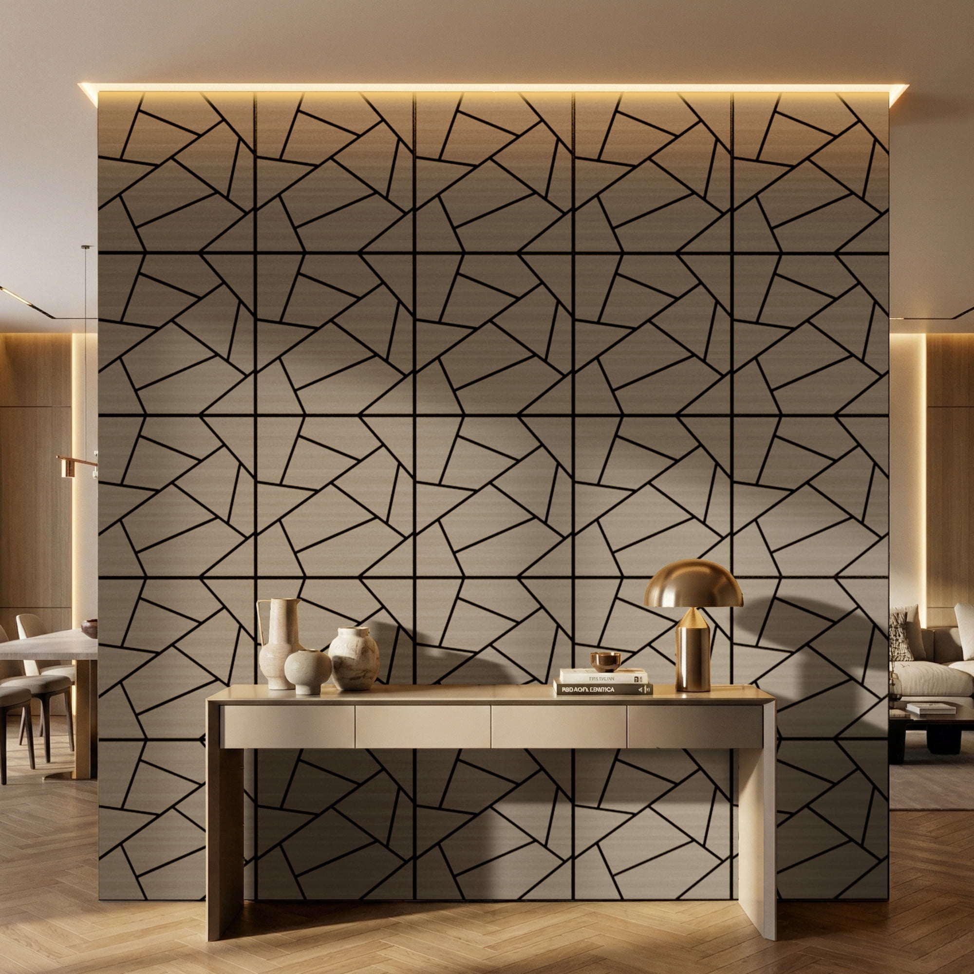 Fahomiss Abstract Geometric Acoustic Wood Slat Wall Tiles 4-Pack 24"x24", 3D Panel, Walnut
