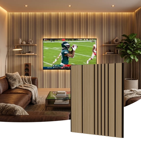 Fahomiss 4-Pack Soundproof Wall Panel Set, Modern 23.6" x 23.6" Striped Pattern Wall Tiles, Wood Slat Acoustic 3D Wall Decorative Panels for Interior Wall Decor, Ceiling, Oak