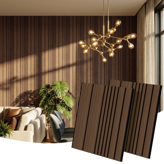 Fahomiss 4-Pack Soundproof Wall Panel Set, Modern 23.6" x 23.6" Striped Pattern Wall Tiles, Wood Slat Acoustic 3D Wall Decorative Panels for Interior Wall Decor, Ceiling, Walnut