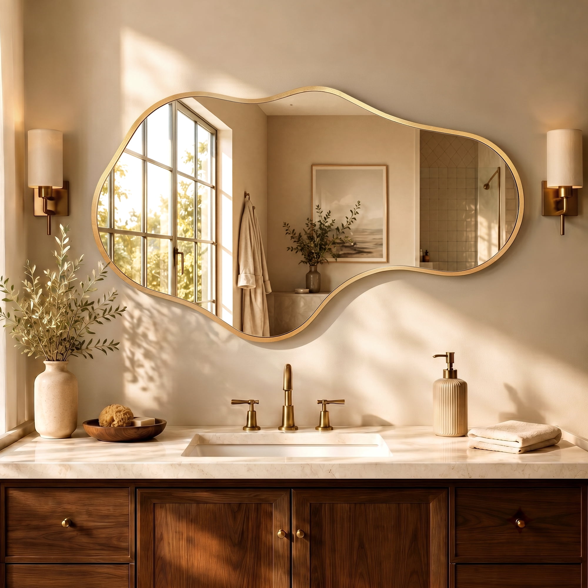 Irregular Gold-Frame Wall Mirror, Cloud Shaped Asymmetrical Mirror