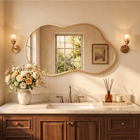 Fahomiss Modern 24" x 36" Irregular Wall Mirror, Cloud-Shaped Bathroom Mirror, Asymmetrical Vanity Mirror for Home Wall Decor, Mirror Suitable for Bedroom, Living Room, Entryway,Gold Metal Frame