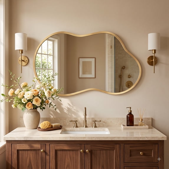 Fahomiss Modern 26" x 46" Irregular Wall Mirror, Cloud-Shaped Bathroom Mirror, Asymmetrical Vanity Mirror for Home Wall Decor, Mirror Suitable for Bedroom, Living Room, Entryway,Gold Metal Frame
