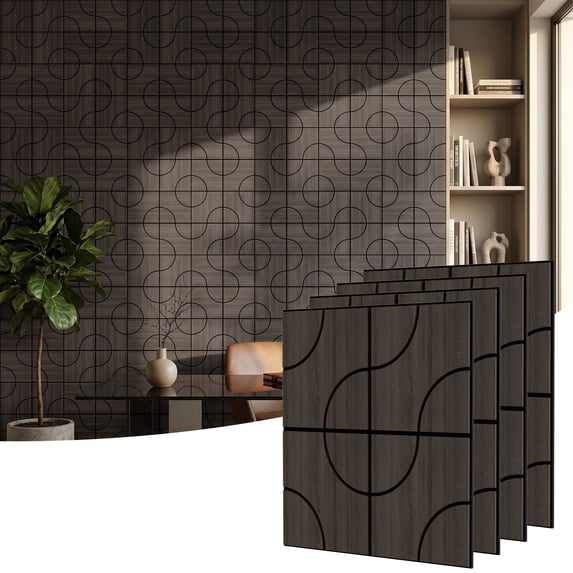 Fahomiss 4 Pack Soundproof Wall Panel Set, Modern 23.6" x 23.6" Abstract Curved Pattern Wall Tiles, Wood Slat Acoustic 3D Wall Decorative Panels for Interior Wall Decor, Ceiling, Black