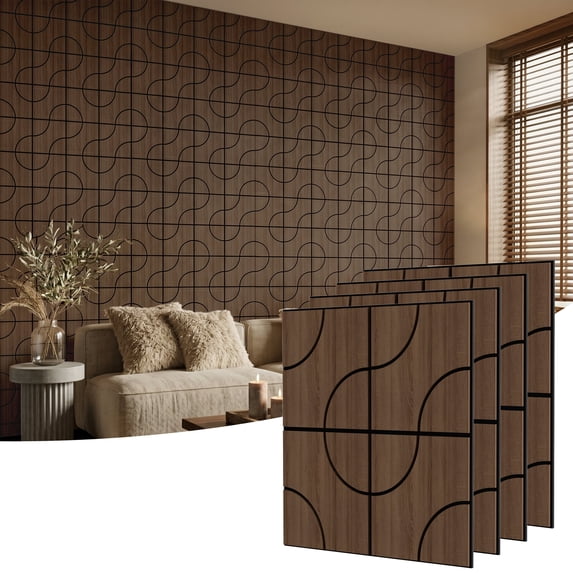 Fahomiss 4-Pack Soundproof Wall Panel Set, Modern 23.6" x 23.6" Curved Pattern Wall Tiles, Wood Slat Acoustic 3D Wall Decorative Panels for Interior Wall Decor, Ceiling, Walnut