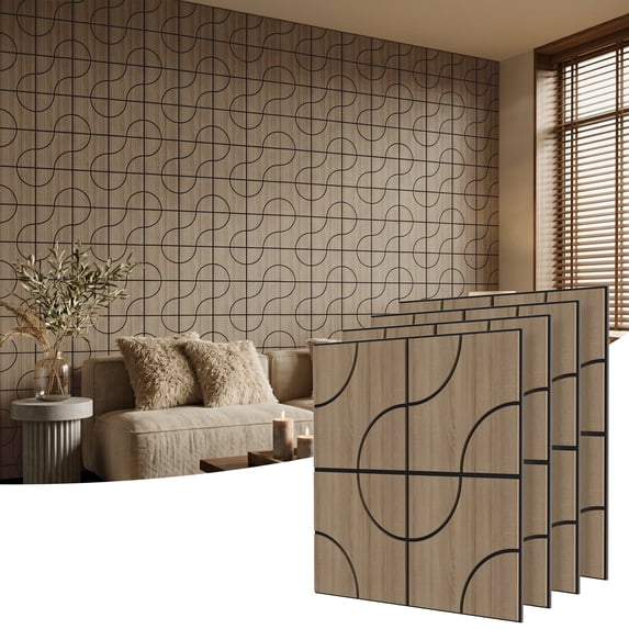 Fahomiss 4-Pack Soundproof Wall Panel Set, Modern 23.6" x 23.6" Curved Wall Tiles, Wood Slat Acoustic 3D Wall Decorative Panels for Interior Wall Decor, Ceiling, Walnut